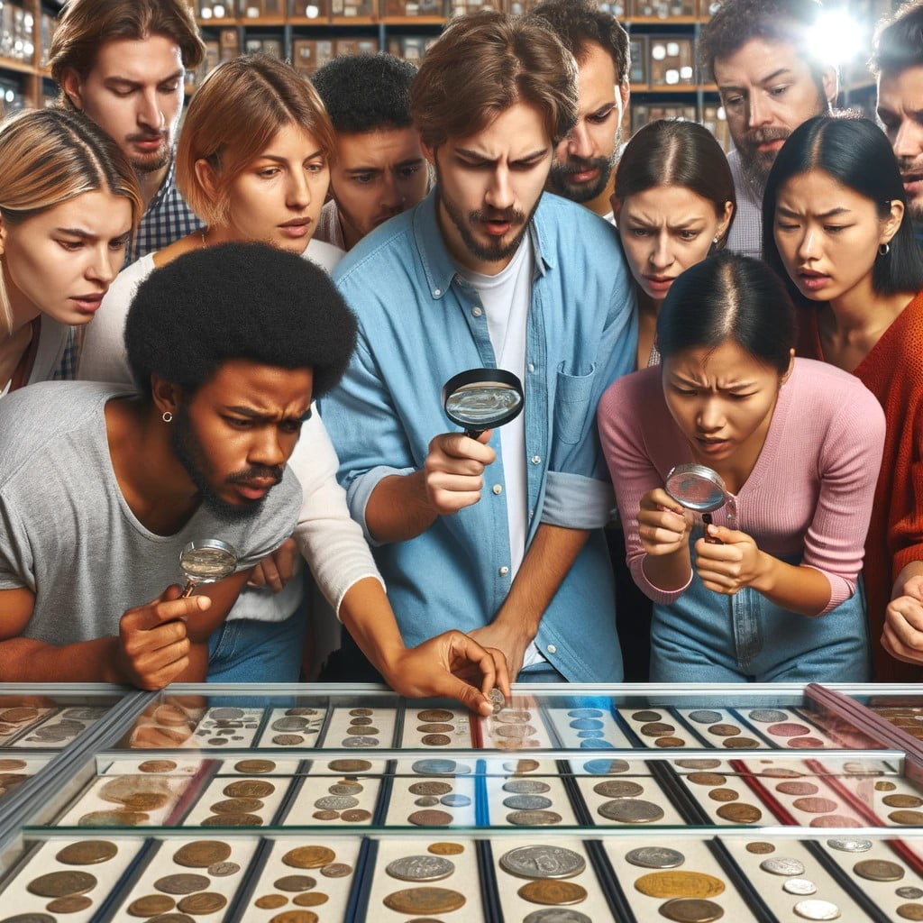 several people inspecting coins worth money